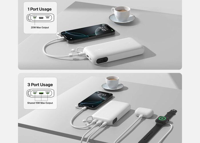 Power Bank – Belkin BoostCharge – 20,000 mAh – Display LED – 65W – USB‑C/USB‑A – Blanco (BPB028fqWH)