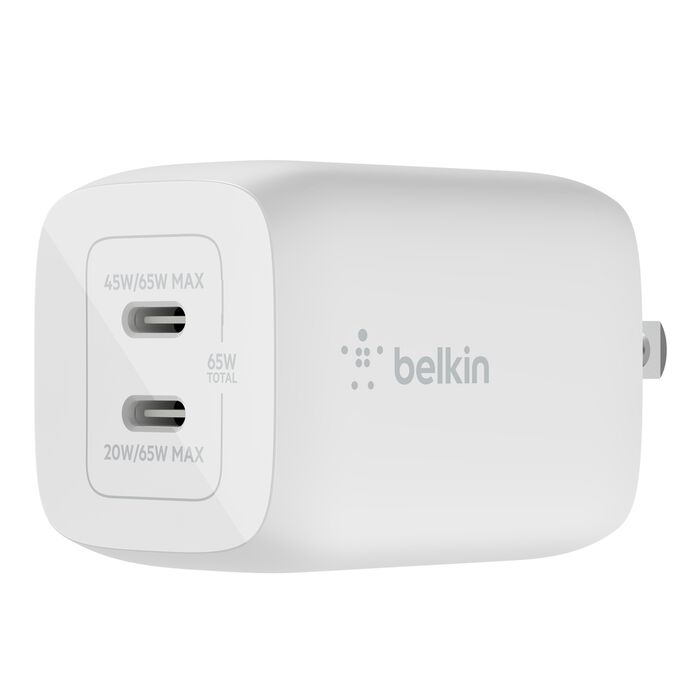 Adaptador Corriente Belkin PPS y GaN 65W Carga Rápida 2 Salidas USB-C Blanco