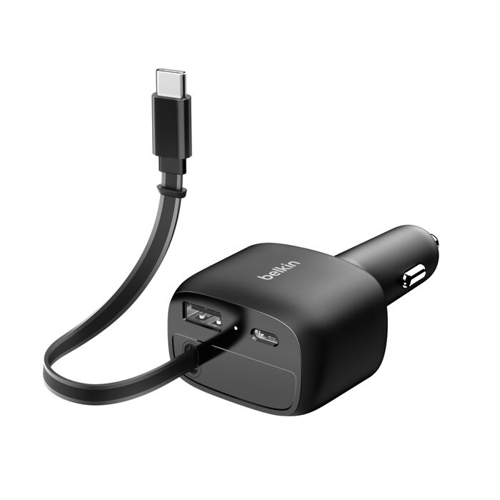 Cargador para auto – Belkin BoostCharge – Retráctil – 3 Puertos – GaN – 75W – USB‑C/USB‑A – Negro (CCC001fqBK)