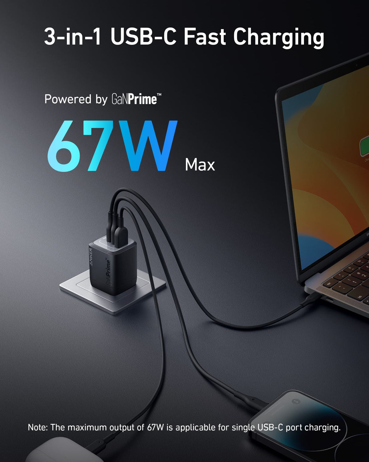 Cargador de Pared Anker Prime A2669113 67W GaN con 3 Puertos USB