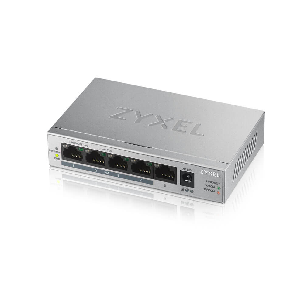 Switch ZyXEL GS1005HP – 4 Puertos Gigabit PoE+ + 1 Uplink – 60W – Sobremesa / Montaje en Pared