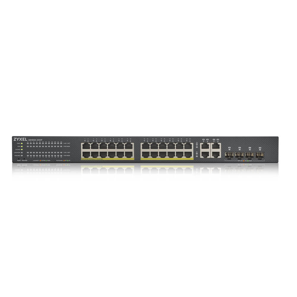 Switch Inteligente ZyXEL GS1920-24HPv2 – 24 Puertos Gigabit PoE+ + 4 SFP Combinados – 375W – Montaje en Rack