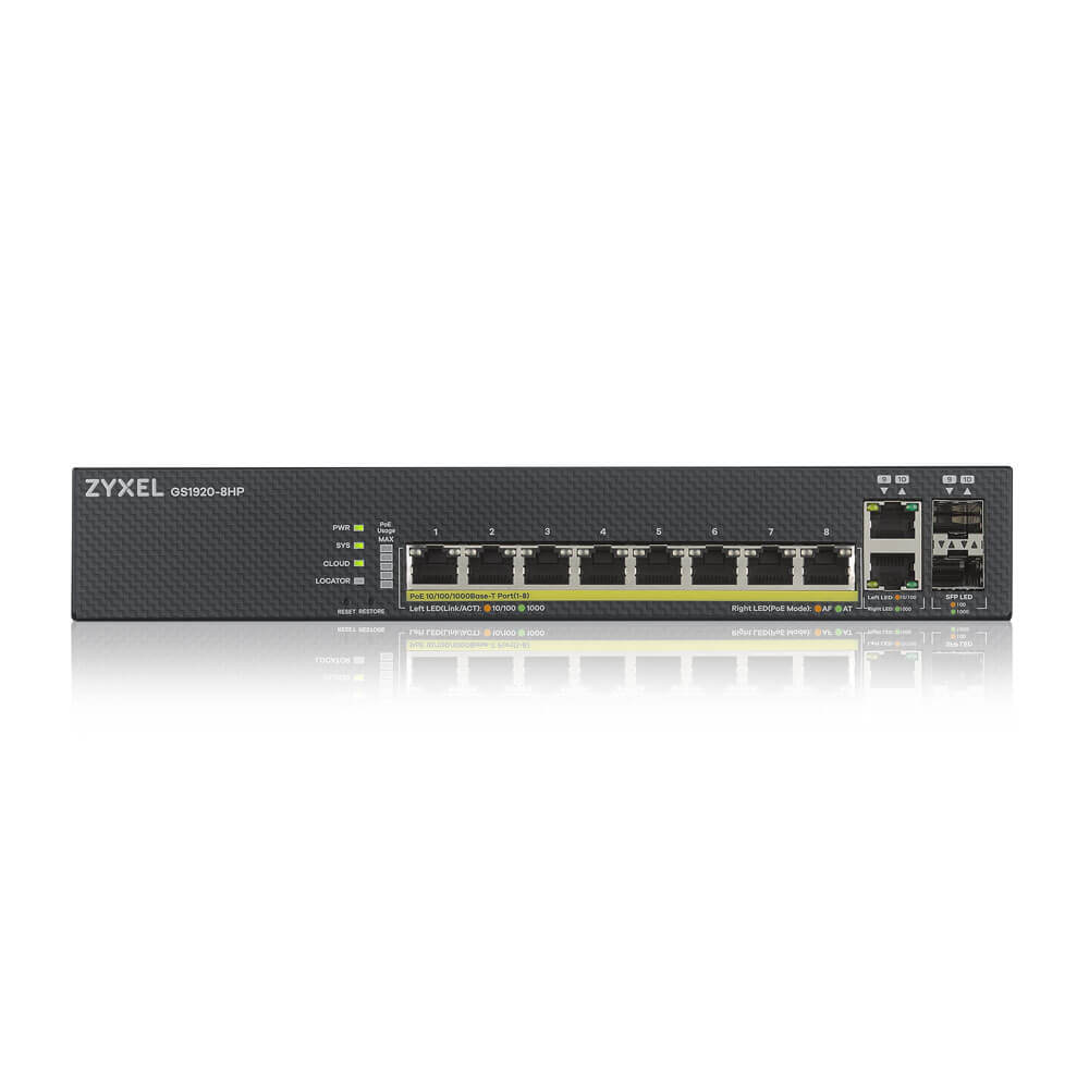 Switch Inteligente Gigabit PoE+ 8 Puertos + 2 SFP Combinados ZyXEL GS1920-8HPv2 – NebulaFLEX