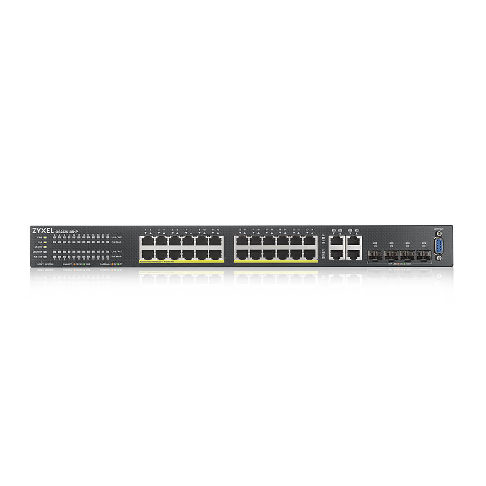 Switch Gestionado ZyXEL GS2220-28HP | 24 Puertos Gigabit PoE+, 4 SFP Combo, Nebula Cloud – NW200ZXL82