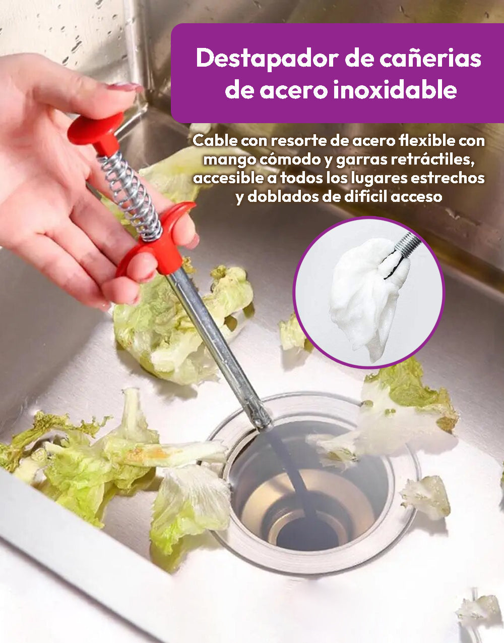 Destapador de cañerias de acero inoxidable