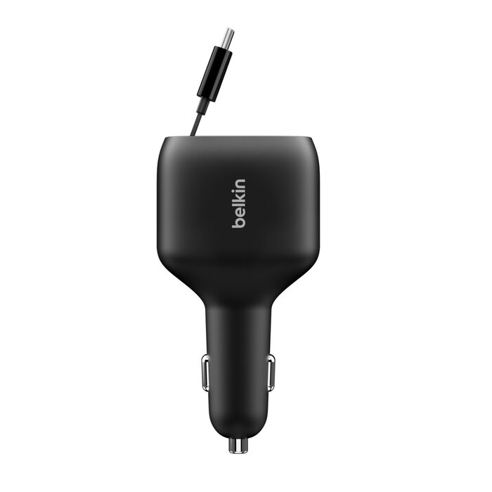 Cargador para auto – Belkin BoostCharge – Retráctil – 3 Puertos – GaN – 75W – USB‑C/USB‑A – Negro (CCC001fqBK)