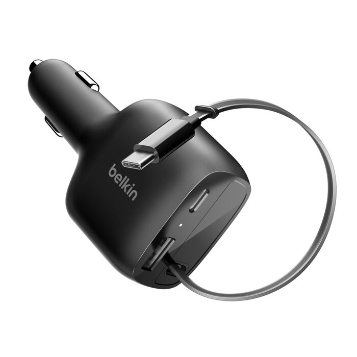 Cargador para auto – Belkin BoostCharge – Retráctil – 3 Puertos – GaN – 75W – USB‑C/USB‑A – Negro (CCC001fqBK)