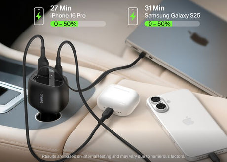 Cargador para auto – Belkin BoostCharge – Retráctil – 3 Puertos – GaN – 75W – USB‑C/USB‑A – Negro (CCC001fqBK)