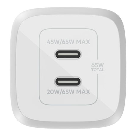 Adaptador de Corriente Belkin WCH013dqWH PPS + GaN 65W 2 Puertos USB-C Blanco
