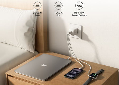 Cargador de pared – Belkin BoostCharge Pro – 3 Puertos – GaN – 70W – USB‑C/USB‑A – Blanco (WCH018dqWH)