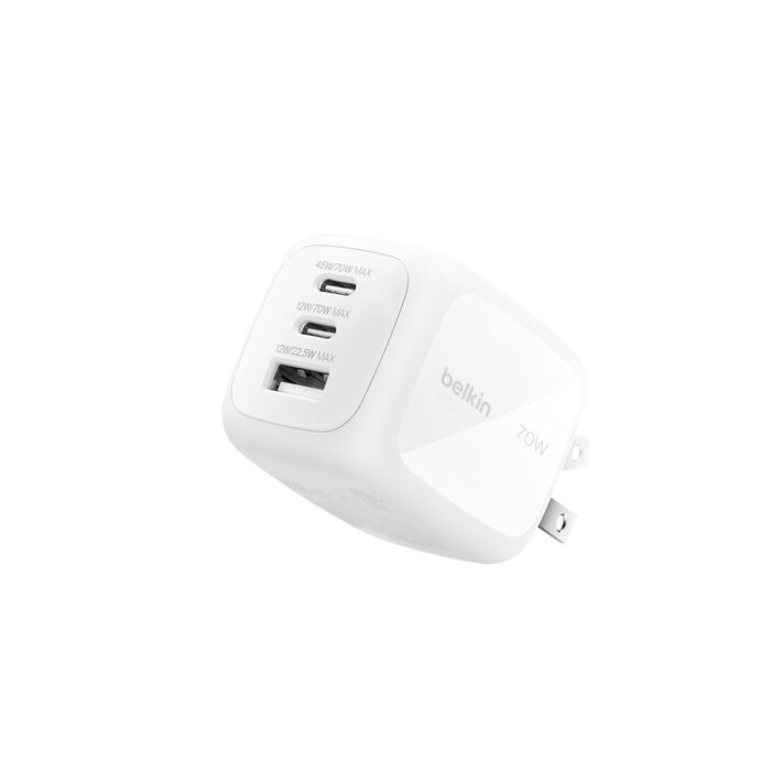 Cargador Belkin GaN 70W – Triple Puerto (2× USB‑C + 1× USB‑A) – WCH018fqWH – Blanco