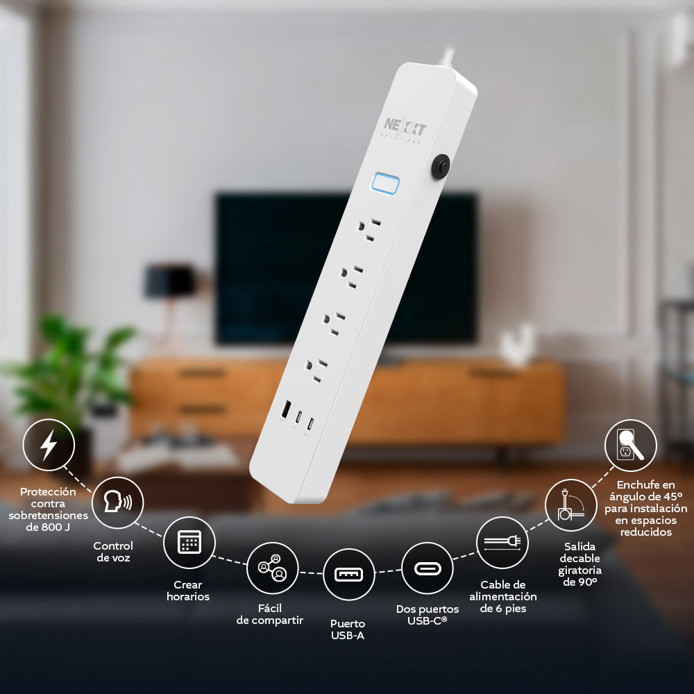 Regleta Inteligente Wi-Fi Nexxt NHP-E710 / 4 tomas AC / 2 USB / App Nexxt Home