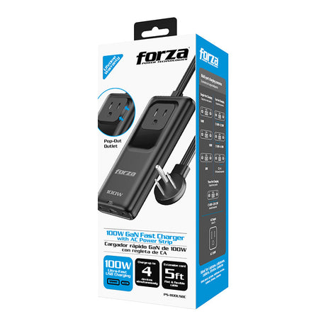 Cargador GaN Forza PS‑1100USBC – 100W – USB‑A + USB‑C – Negro