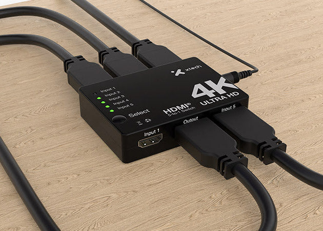 Switch HDMI 5 entradas / 1 salida – 4K UHD Xtech XHA‑430 – Control remoto – Negro