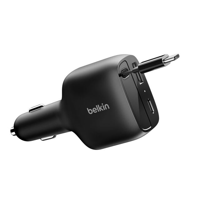 Cargador para auto – Belkin BoostCharge – Retráctil – 3 Puertos – GaN – 75W – USB‑C/USB‑A – Negro (CCC001fqBK)