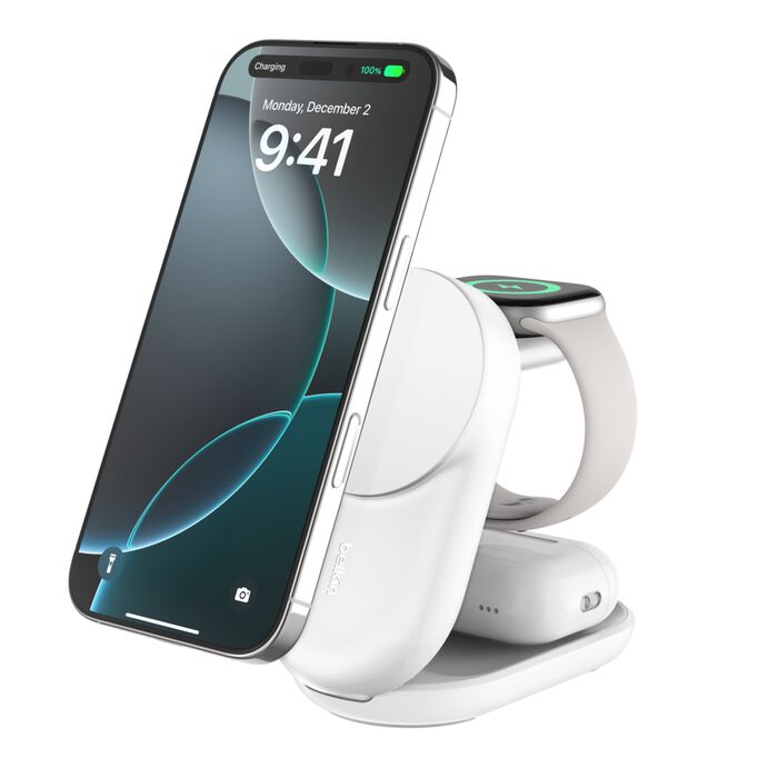 Cargador inalámbrico – Belkin UltraCharge – 3 en 1 – Plegable magnético – Qi2 25W – Blanco – Round Form (WIZ037ttWH)