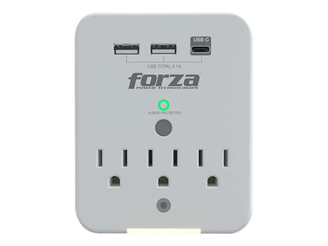 Protector de Sobretensiones Forza FWT‑331USBC – 3 Tomas – USB Tipo A + C – 125V – Luz Nocturna Automática